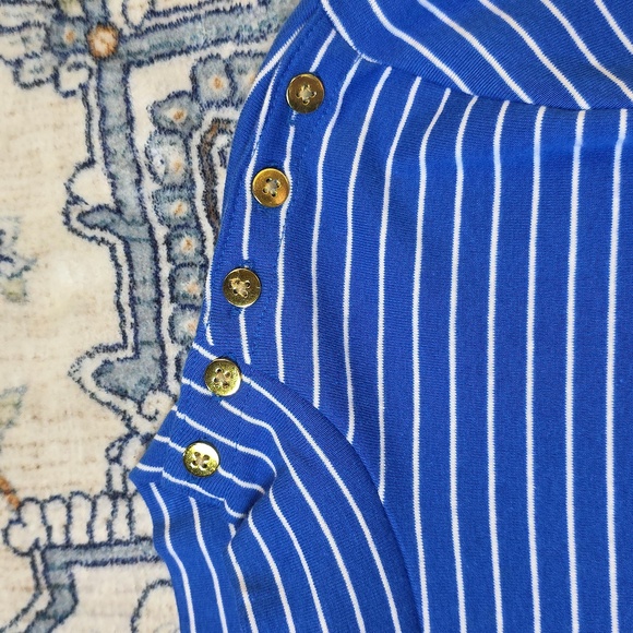 J. Crew Blue Fitted Striped Long Sleeve Turtleneck Shirt Gold Tone Buttons - Picture 2 of 6